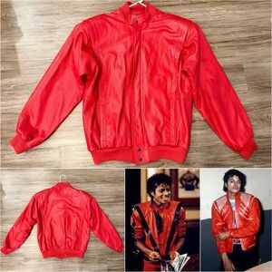 Vintage 1980s Michael Jackson Style Leather Jacket Red Moto Bomber Size Large